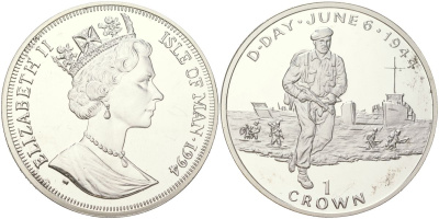 Остров Мэн 1 крона 1994 50 лет высадке в Нормандии 6 июня. Британские солдаты на берегу KM 699a серебро PROOF 1529-1032