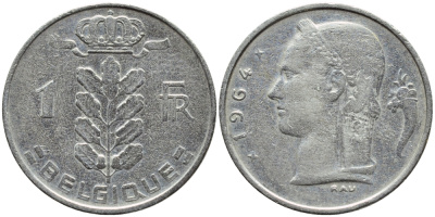 БЕЛЬГИЯ 1 ФРАНК 1964 BELGIQUE KM 142.1 медно-никель 4388-646