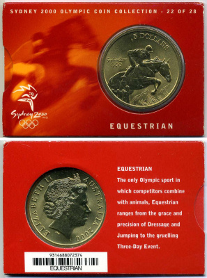 Австралия 5 долларов 2000 XXVII летние Олимпийские игры 2000 года в Сиднее, скачки с барьерами, в оригинальном картонном буклете KM 434 латунь  UNC  2-5-2-46