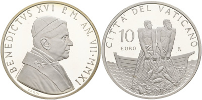 Ватикан 10 евро 2011 Бенедикт XVI, 60 лет рукоположения, в оригинальной коробке, с сертификатом KM 428 серебро  PROOF  7-1-32