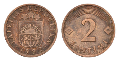 Латвия 2 сантима 1992 KM 21 сталь плакированная медью 105-526