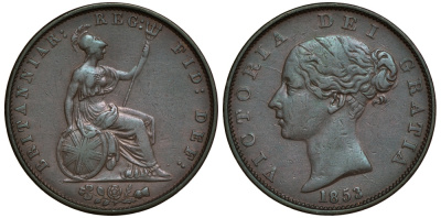 Великобритания 1/2 пенни 1853 Виктория (1837-1901) KM 726, Spink 3949 медь 603-1331