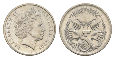 Австралия 5 центов 2005 Елизавета II (1952-2022), ехидна KM 401 медно-никель 4154-259