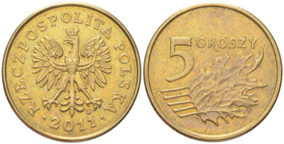 Польша 5 грошей 2011 Y 278 марганец латунь UNC 4614-267