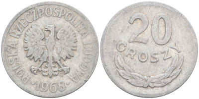 ПОЛЬША 20 ГРОШЕЙ 1968 MW KM А47 алюминий 106-436