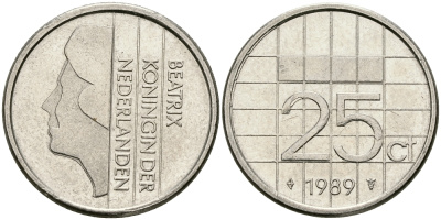 НИДЕРЛАНДЫ 25 ЦЕНТОВ 1989 БЕАТРИКС KM 204 никель 96-321