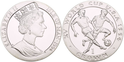 Остров Мэн 1 крона 1994 чемпионат мира по футболу 1994 года В США, два игрока KM 370а серебро PROOF 1081-6-23