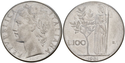 Италия 100 лир 1981 R, Афина у оливкого дерева KM 96.1 нержавеющая сталь 4149-1234