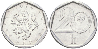 Чехия 20 геллеров 1994 KM 2.1 алюминий 4613-1025