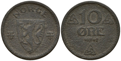 Норвегия 10 эре 1942 Хокон VII (1906 - 1957) KM 389 цинк 4154-757