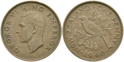 Новая Зеландия 1 пенни 1946 Георг VI (1936-1952), новозеландский туи KM 13 бронза 32-835