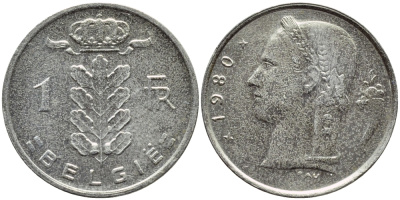 БЕЛЬГИЯ 1 ФРАНК 1980 BELGIE KM 143.1 медно-никель 3999-256