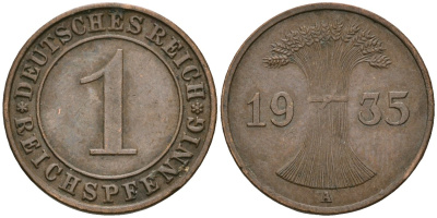 Германия 1 рейхспфенниг 1935 A KM 37, J. 313 бронза 4528-346