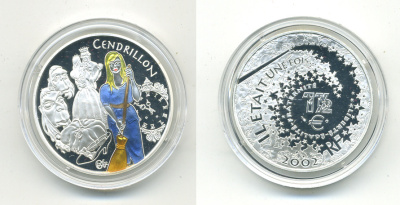 Франция 1 1/2 евро 2002 серия сказки, Золушка, эмаль KM 1841 серебро PROOF 11-107-31