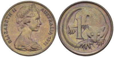 АВСТРАЛИЯ 1 ЦЕНТ 1971 ЕЛИЗАВЕТА II (1952-) МОЛОДОЙ ПОРТРЕТ, ОПОССУМ KM 62 бронза 4516-628