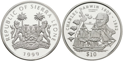 Сьерра-Леоне 10 долларов 1999 Чарльз Дарвин (1809-1882), Галапагосские осрова KM 116 серебро PROOF 00-00