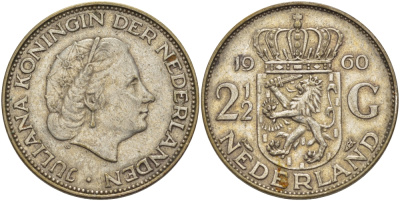 Нидерланды 2 1/2 гульдена 1960 Юлиана (1948-1980) KM 185 серебро 4683-511