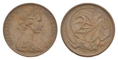 Австралия 2 цента 1970 Елизавета II (1952-2022), плащеносная ящерица KM 63 бронза 4585-1141