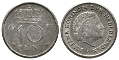 Нидерланды 10 центов 1951 Юлиана (1949-1980) KM 182 никель 75-1019
