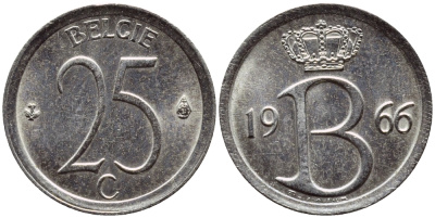 Бельгия 25 сантимов 1966 Belgie, Бодуэн I (1951-1993) KM 154.1 медно-никель 4392-858