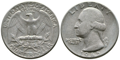 США 25 центов (квотер) 1965 Вашингтон KM 164а медь плакированная медно-никелем 51-4835