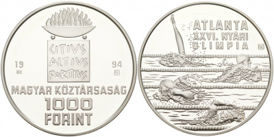 Венгрия 1000 форинтов 1994 XXVI Олимпийские игры в Атланте, плавание KM 712 серебро PROOF 02-039-15