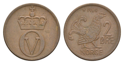 Норвегия 2 эре 1964 Улаф V (1957-1991) KM 410 бронза 4635-342