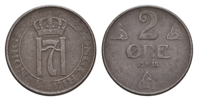 Норвегия 2 эре 1918 Хокон VII (1905-1957), редкий год KM 371a железо 1518-741