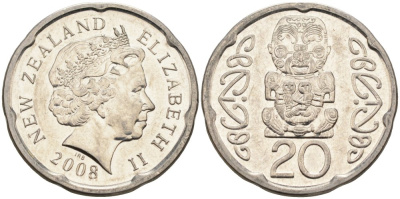Новая Зеландия 20 центов 2008 Елизавета II (1952-2022), идол Пукаки KM 118а никелированная сталь 4579-1226