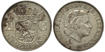 Нидерланды 2 1/2 гульдена 1961 Юлиана (1949-1980) KM 185 серебро 443-723