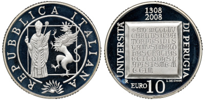 Италия 10 евро 2008 700 лет Университету Перуджиа, в оригинальной коробке с сертификатом KM 306 серебро PROOF 4-3-2-06