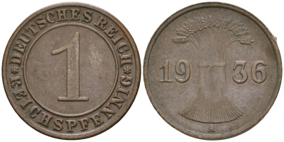 Германия 1 рейхспфенниг 1936 A KM 37, J. 313 бронза 4528-1265
