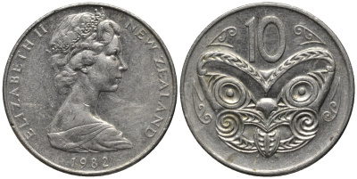 Новая Зеландия 10 центов 1982 Елизавета II (1952-2022), маска маори KM 41.1 медно-никель 4579-952