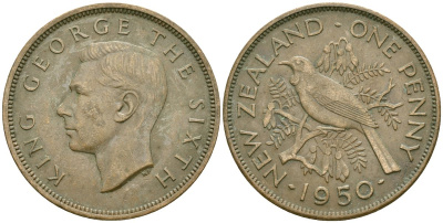 Новая Зеландия 1 пенни 1950 Георг VI (1936-1952), новозеландский туи KM 21 бронза 4536-241