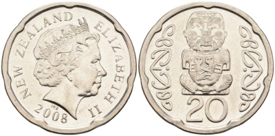 Новая Зеландия 20 центов 2008 Елизавета II (1952-2022), идол Пукаки KM 118а никелированная сталь 4579-1221