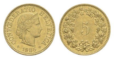 Швейцария 5 раппенов 1985 KM 26c алюминиевая бронза 4611-1247
