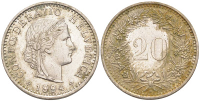 ШВЕЙЦАРИЯ 20 РАППЕНОВ 1994 В KM 29a медно-никель 55-1043