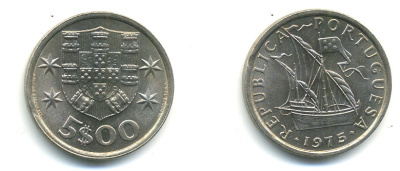 ПОРТУГАЛИЯ 5 ЭСКУДО 1975 ПАРУСНИК KM 591 медно-никель 176-223