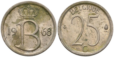 Бельгия 25 сантимов 1968 Belgique, Бодуэн I (1951-1993) KM 153.1 медно-никель 4564-929