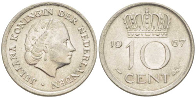 НИДЕРЛАНДЫ 10 ЦЕНТОВ 1967 ЮЛИАНА (1948-1980) KM 182 никель 214-1227