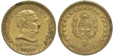 Уругвай 1 песо 1965 KM 46 алюминиевая бронза 24-812