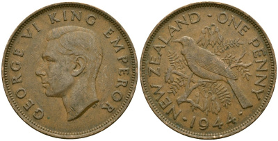 Новая Зеландия 1 пенни 1944 Георг VI (1936-1952), новозеландский туи KM 13 бронза 4165-1234