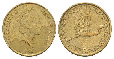 Новая Зеландия 2 доллара 1991 Елизавета II (1952-2022), большая белая цапля KM 79 алюминиевая бронза 4652-712