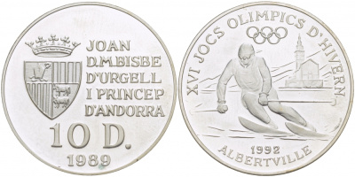 Андорра 10 динеров 1989 XVI зимние Олимпийские игры 1992 В Альбервиле, слалом KM 55 серебро PROOF 00-00