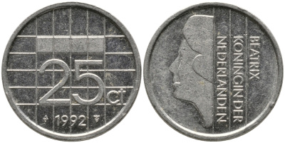 НИДЕРЛАНДЫ 25 ЦЕНТОВ 1992 БЕАТРИКС KM 204 никель 96-1261