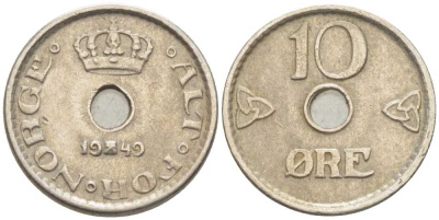 НОРВЕГИЯ 10 ЭРЕ 1949 ХОКОН VII (1905-1957) KM 383 медно-никель 116-1114