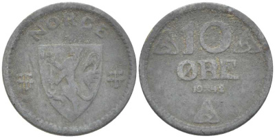 НОРВЕГИЯ 10 ЭРЕ 1942 ХАКОН VII (1905-1957) KM 389 цинк 211-1169