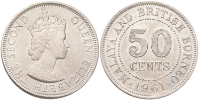 Малайя и Британское Борнео 50 центов 1961 KM 4 медно-никель aUNC 4620-1053
