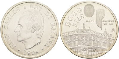 Испания 2000 песет 1994 Ассамблея Всемирного банка и МВФ в Мадриде, в банковской запайке KM 937 серебро UNC 1518-1413
