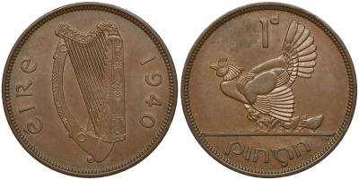 Ирландия 1 пенни 1940 курица с цыплятами KM 11 бронза aUNC 272-1712